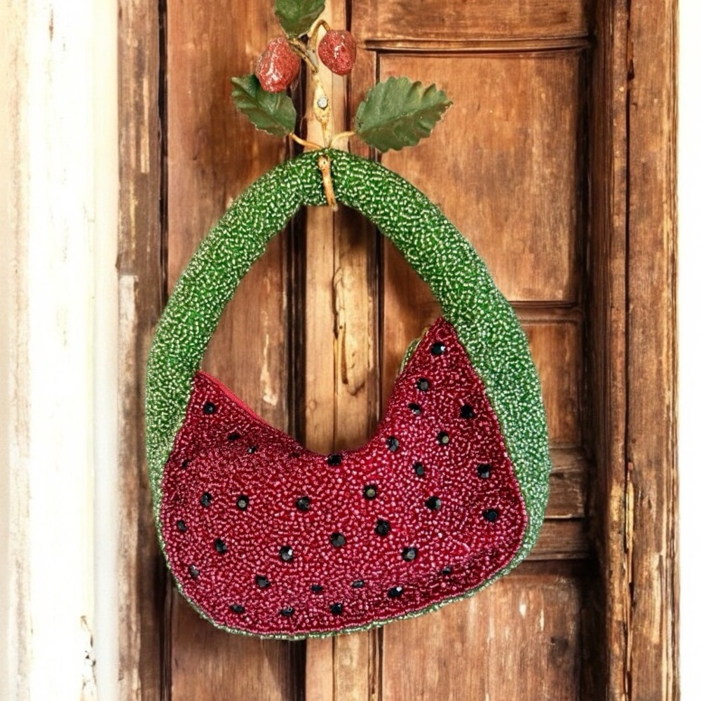 Anthropologie Green and Red Beaded Hobo Bag